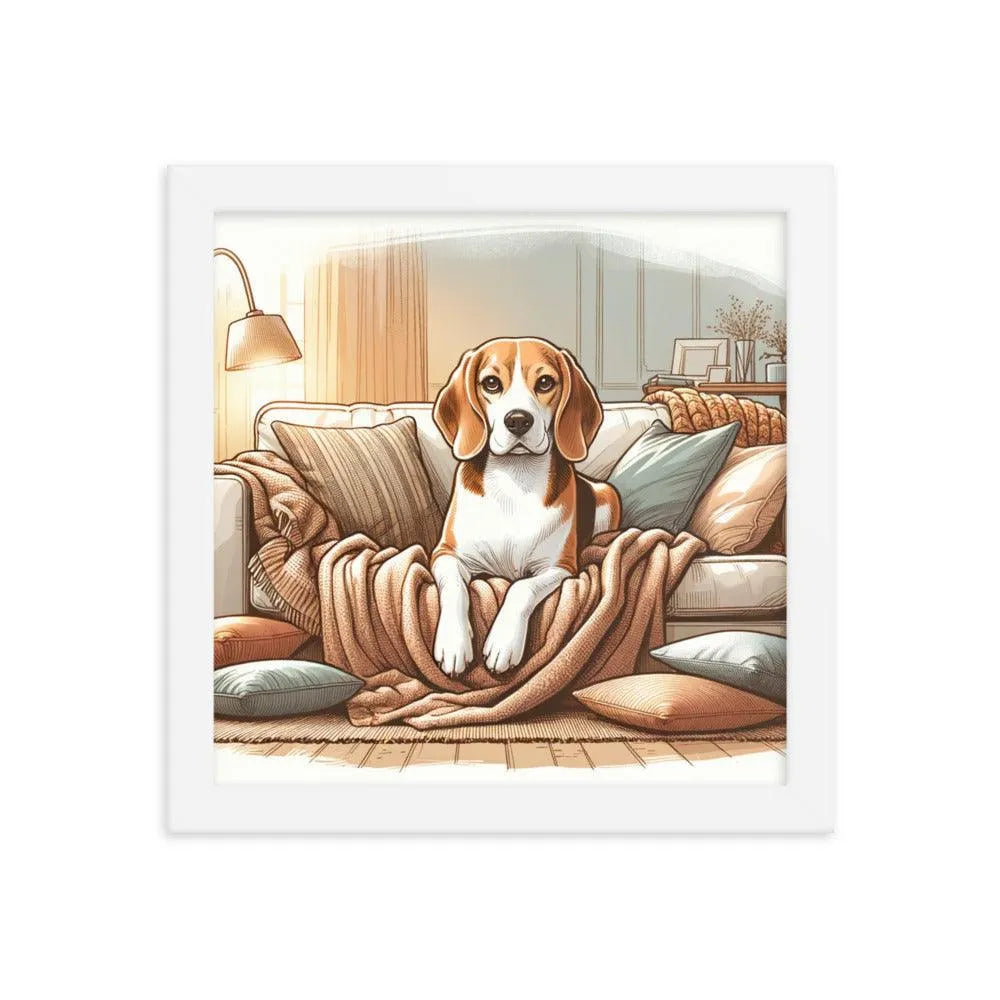 Cozy Beagle on the Couch Home Illustration Framed Poster - Oh Posters