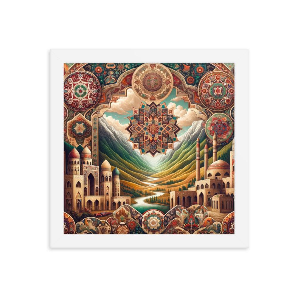 Captivating Azerbaijani Art Essence: Traditional Carpet Designs, Folkloric Symbols & Scenic Landscape Background Framed Poster - Oh Posters