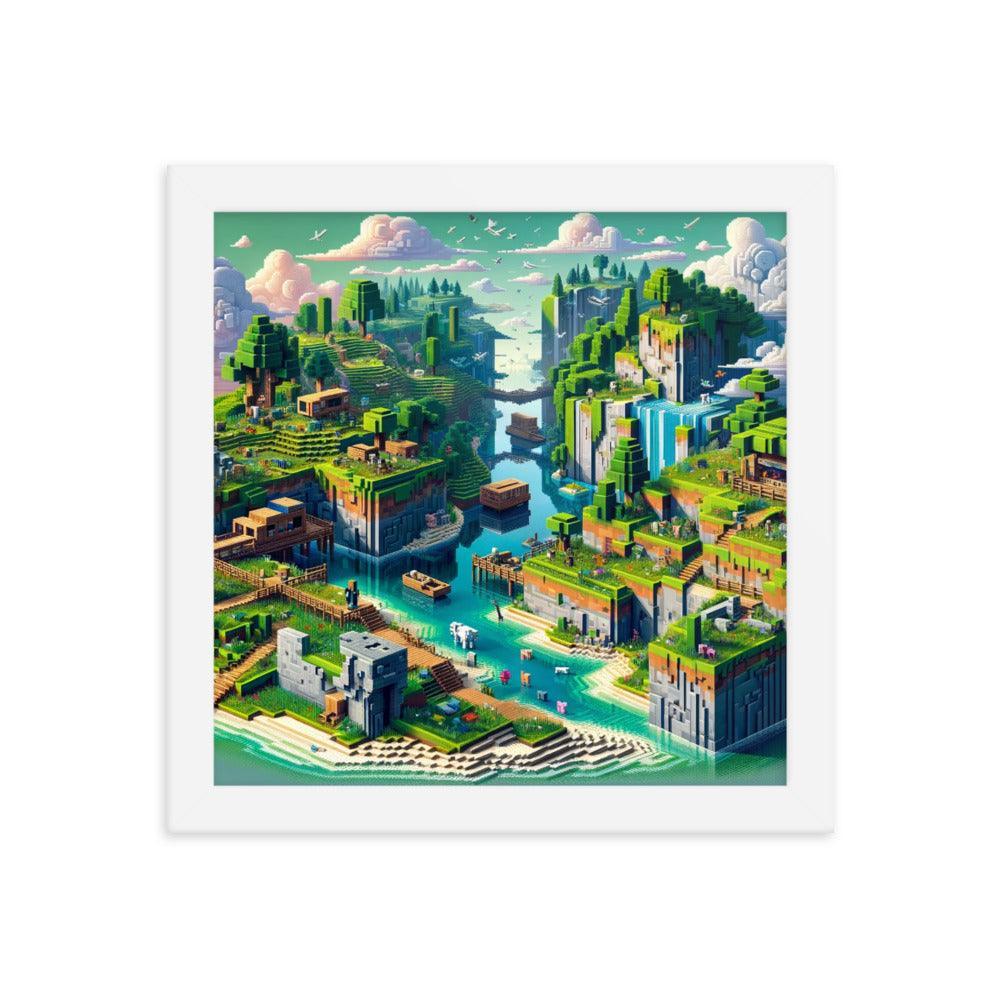 Minecraft Inspired Vibrant Block Landscape Digital Art Framed Poster - Oh Posters