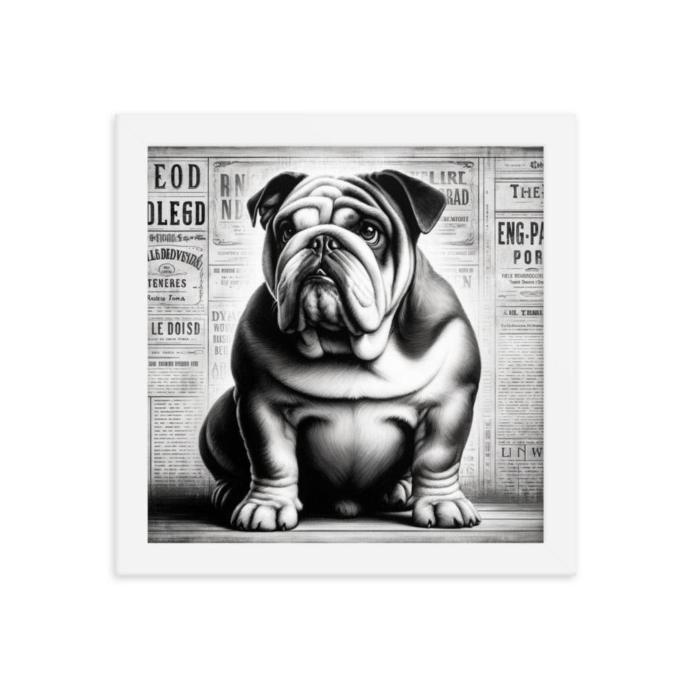 English Bulldog in Vintage Newspaper Style with Monochromatic Theme Art Framed Poster - Oh Posters