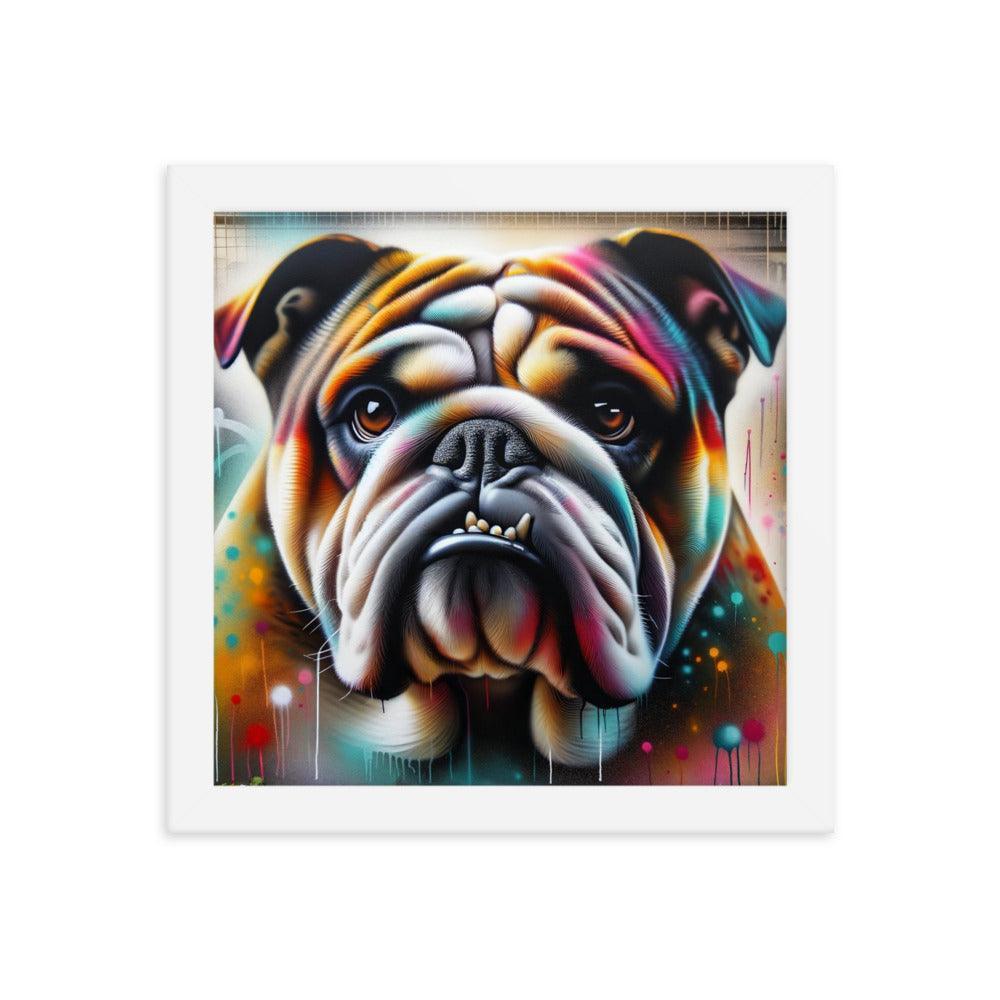 English Bulldog Graffiti Art with Vibrant Spray Paint and Urban Background Framed Poster - Oh Posters