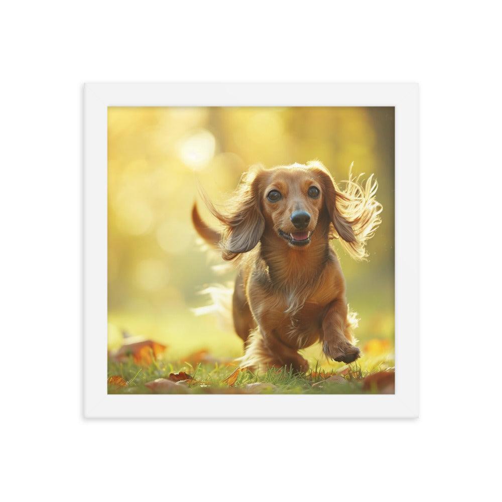 Joyful Long-Haired Dachshund's Playful in Autumn Framed Poster - Oh Posters