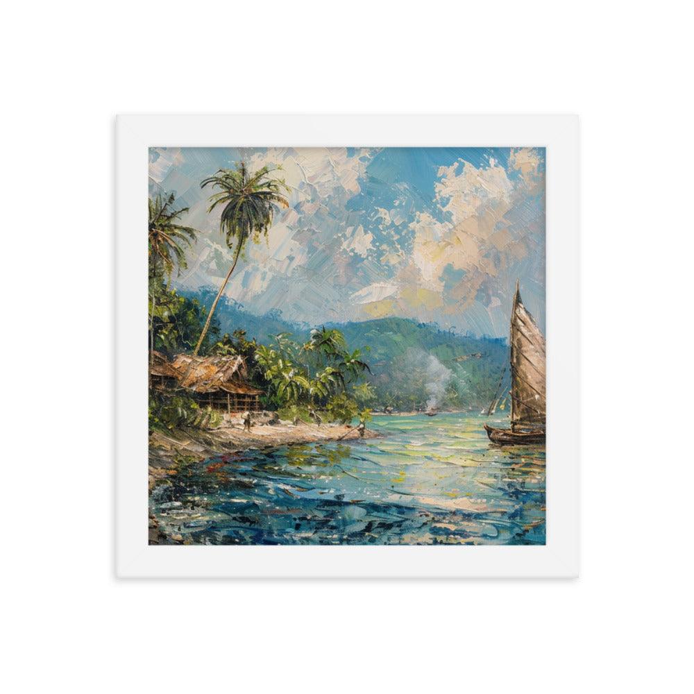 Comoros Beachside Hut and Sailboat Tropical Scene Framed Poster - Oh Posters