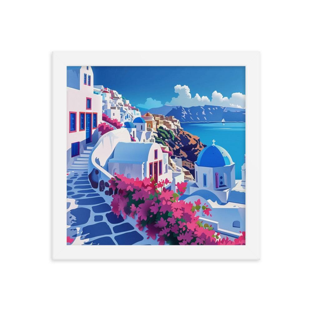 Greece Santorini Vibrant Floral Pathway Framed Poster - Oh Posters