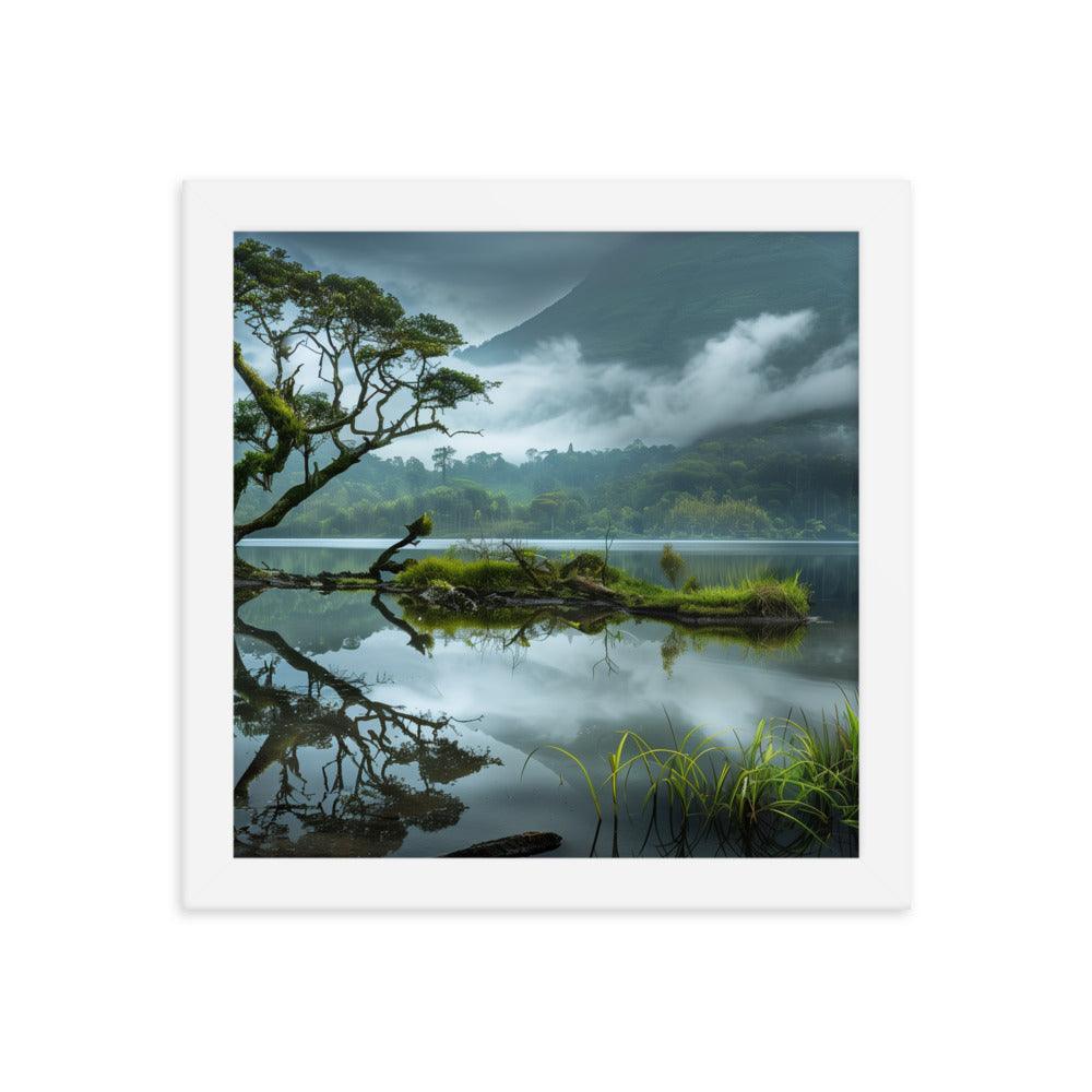 Indonesia Serene Lake Misty Mountains Framed Poster - Oh Posters