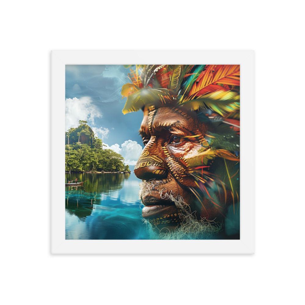 Papua New Guinea Indigenous Portrait and Island Landscape Framed Poster - Oh Posters