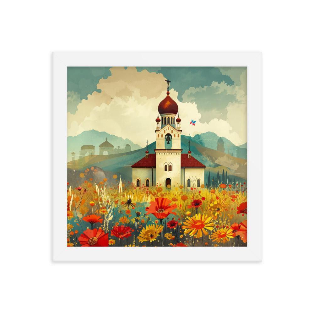 Romania Mountain Church Field of Flowers Framed Poster - Oh Posters