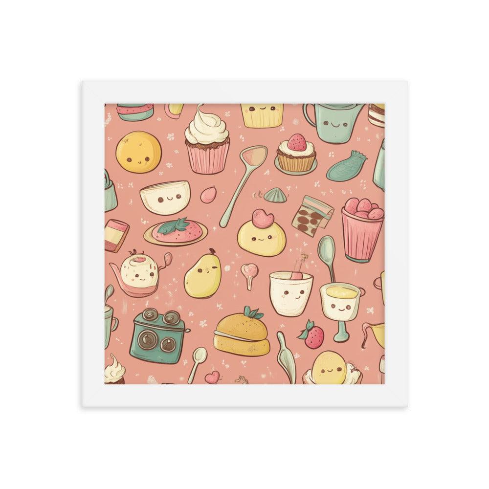 Kawaii Food and Kitchen Utensils Cute Doodle Pattern Framed Poster - Oh Posters