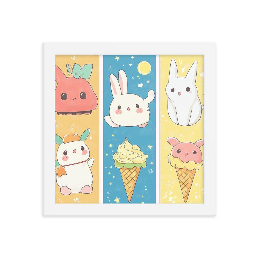 Kawaii Bunnies and Ice Cream Cute Character Strip Digital Art Framed Poster - Oh Posters