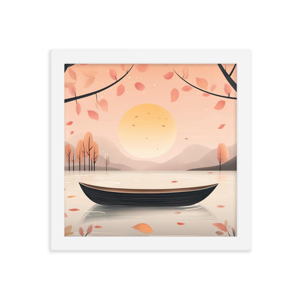 Peaceful Autumn Lake Scene with Soft Sunset and Falling Leaves Framed Poster - Oh Posters