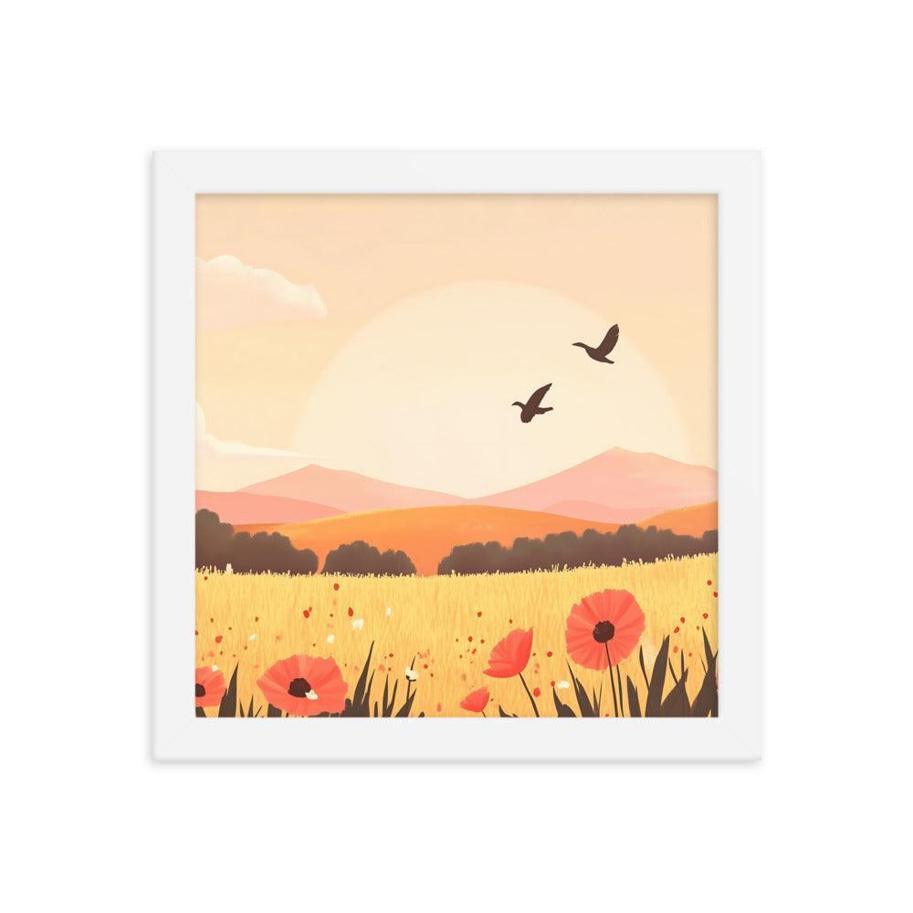 Sunset Field with Poppies and Birds in Pastel Landscape Framed Poster - Oh Posters