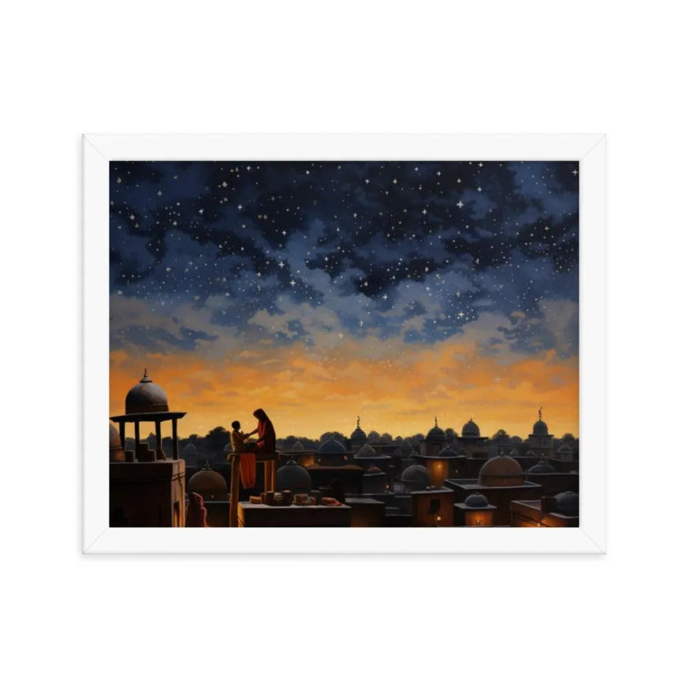 Indian Rooftop House Starry Night Sky Painting Framed Poster - Oh Posters