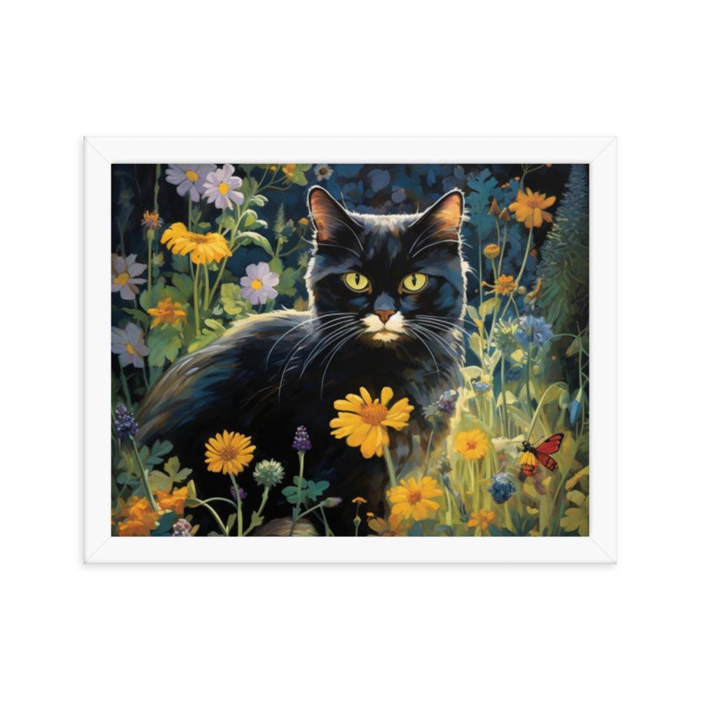 Cat in Moonlit Floral Garden Framed Poster - Oh Posters