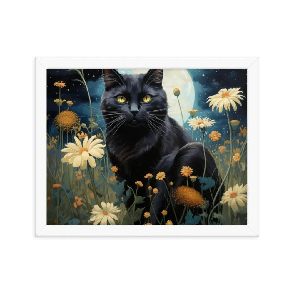 Cat in Moonlit Floral Garden Framed Poster - Oh Posters