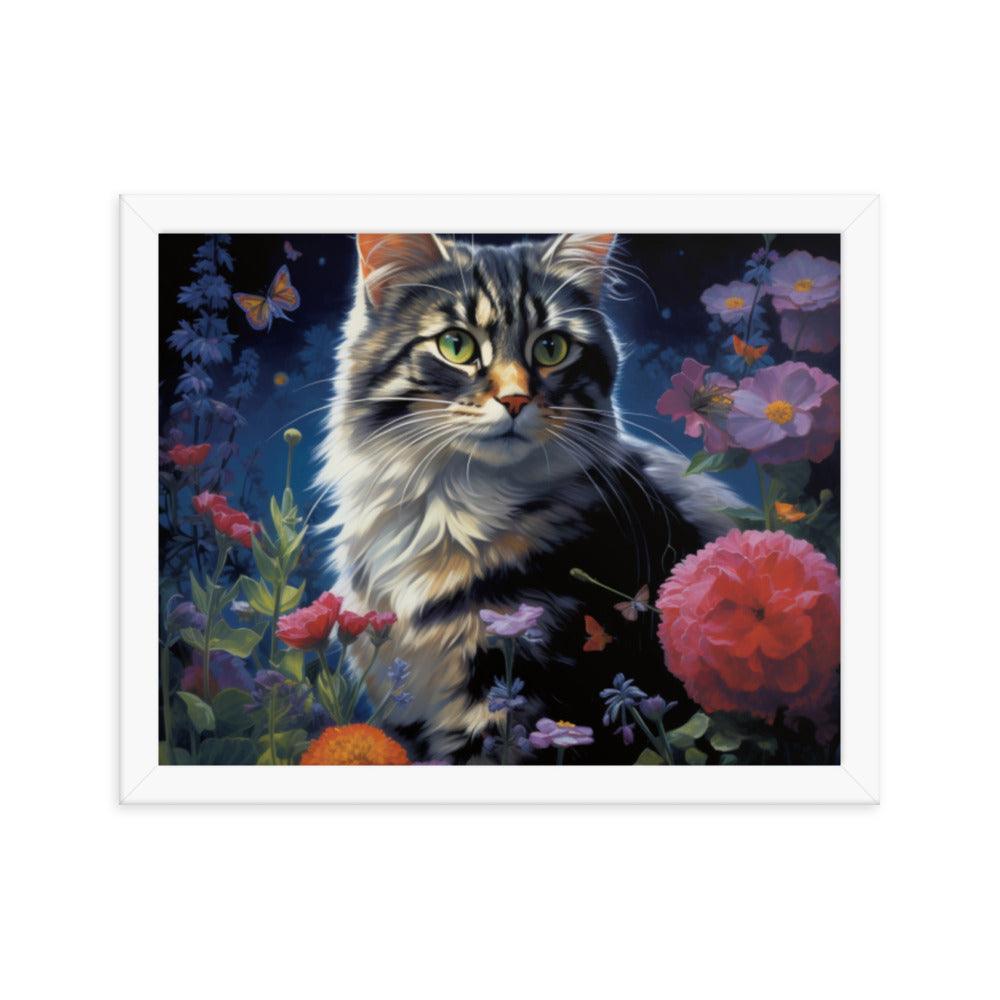 Cat in Moonlit Floral Garden Framed Poster - Oh Posters