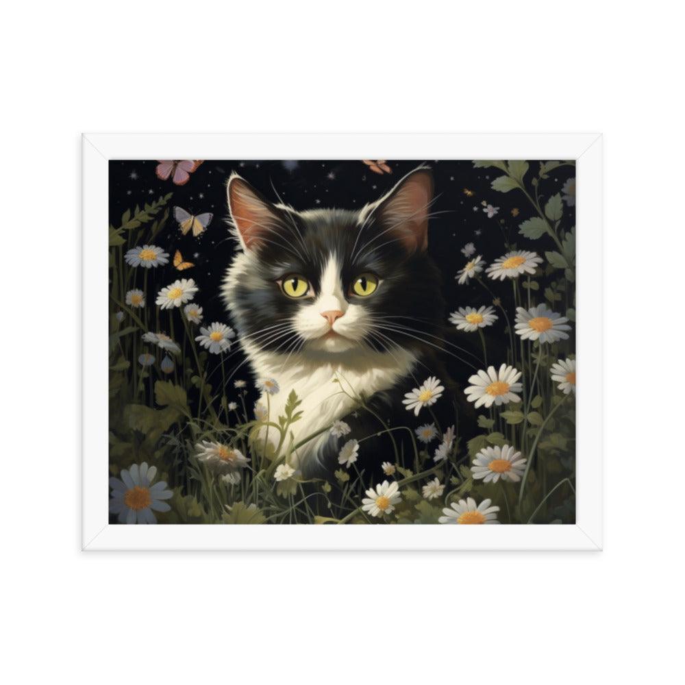 Cat in Moonlit Floral Garden Framed Poster - Oh Posters