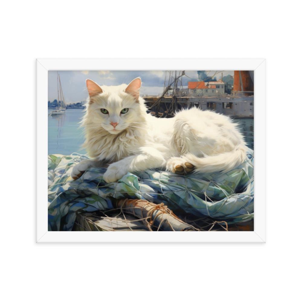 Cat Lounging at Seaside Harbor Framed Poster - Oh Posters