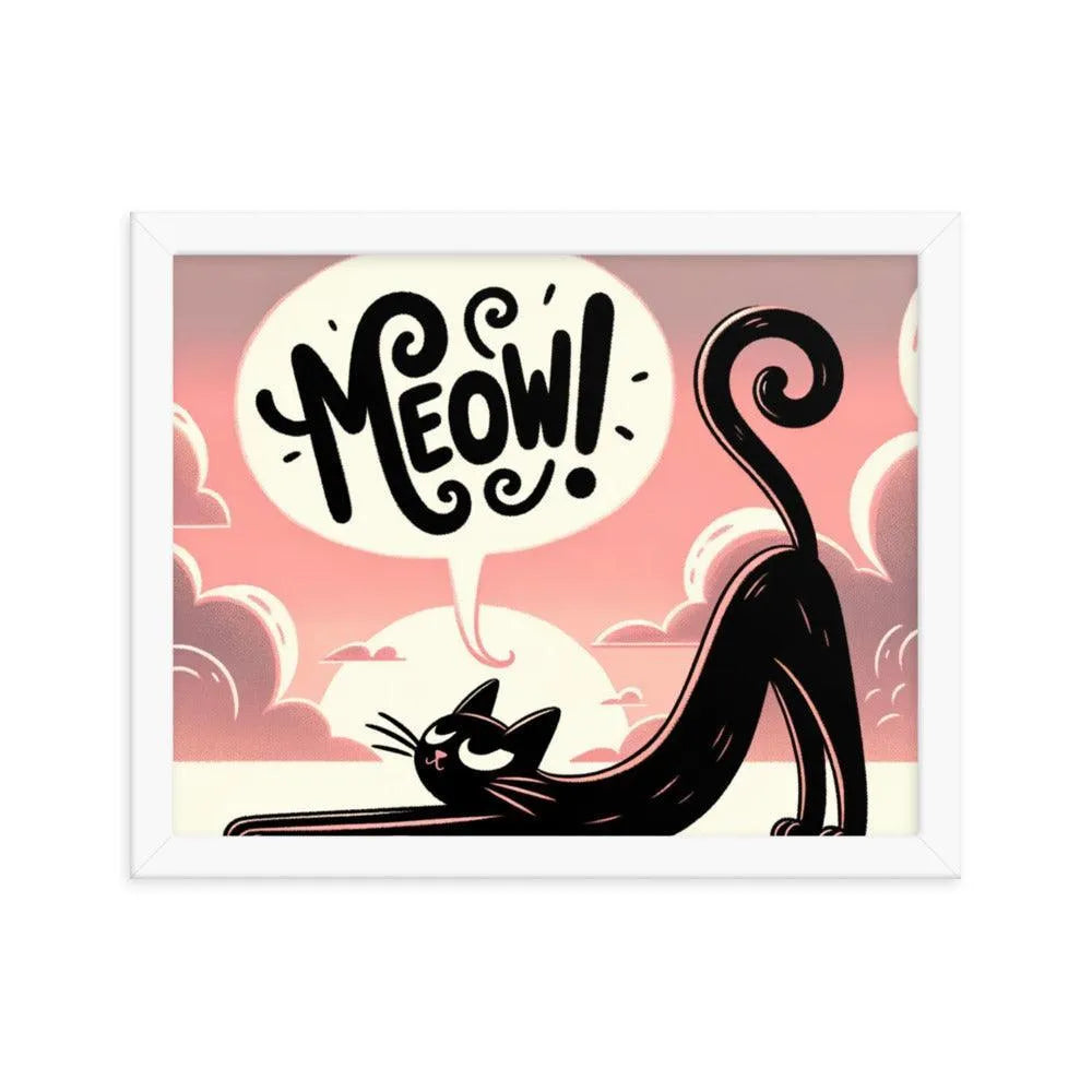 Cat Stretching Saying Meow at Sunset Framed Poster - Oh Posters