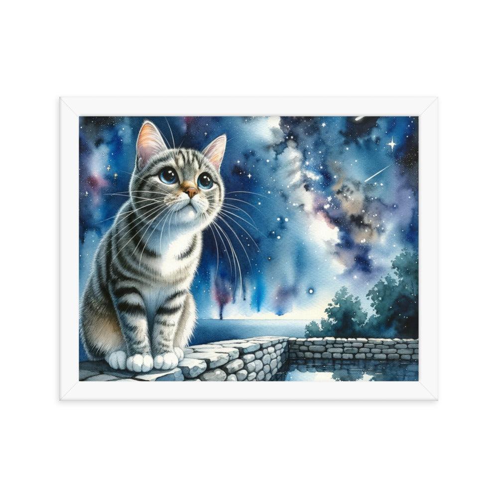 Cat on Wall under Starry Sky - Mystical Framed Poster - Oh Posters