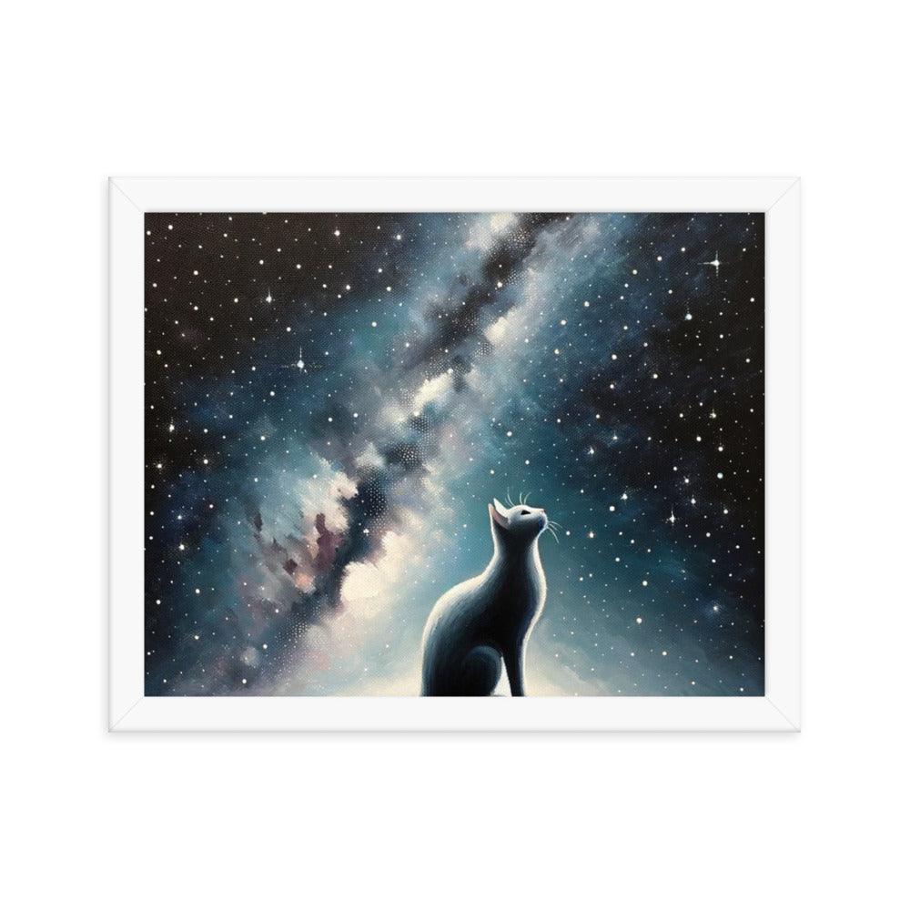 Cat on Hill Gazing at Moonlit Milky Way - Celestial Framed Poster - Oh Posters