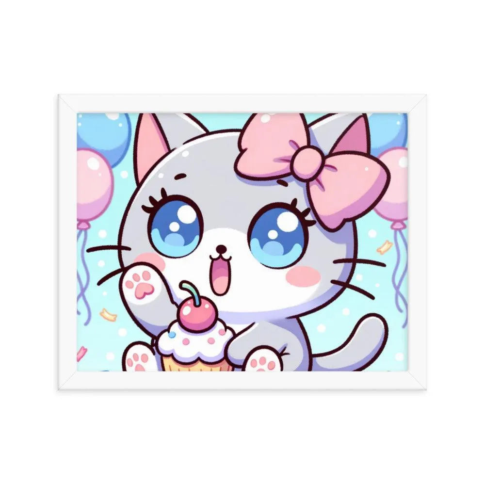 Kawaii Grey Cat with Cupcake Cute Anime Style Framed Poster - Oh Posters