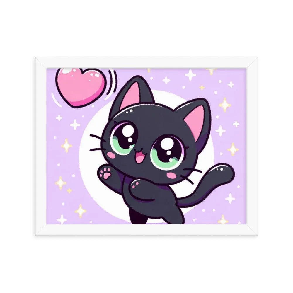 Kawaii Black Cat Heart Balloon Cute Illustration Framed Poster - Oh Posters