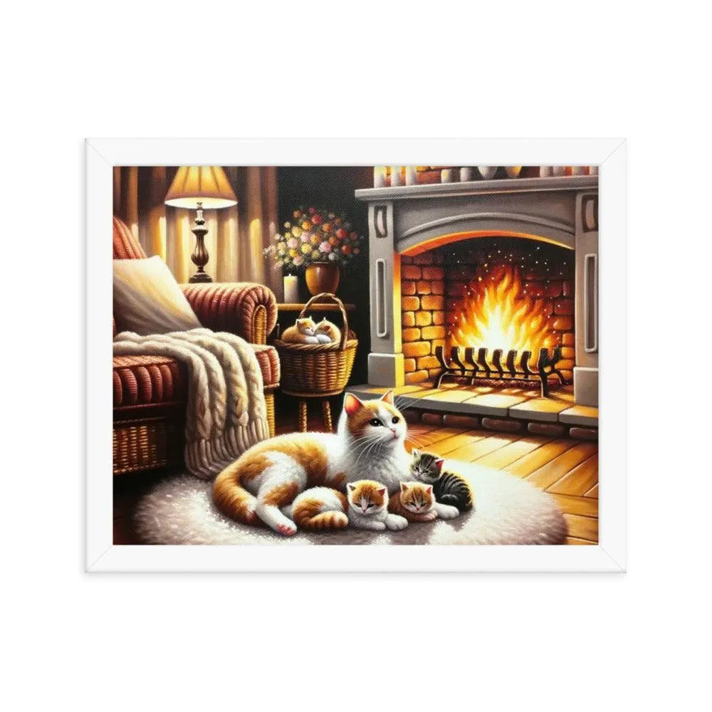 Cozy Fireplace Cat and Kittens Relaxing Art Framed Poster - Oh Posters