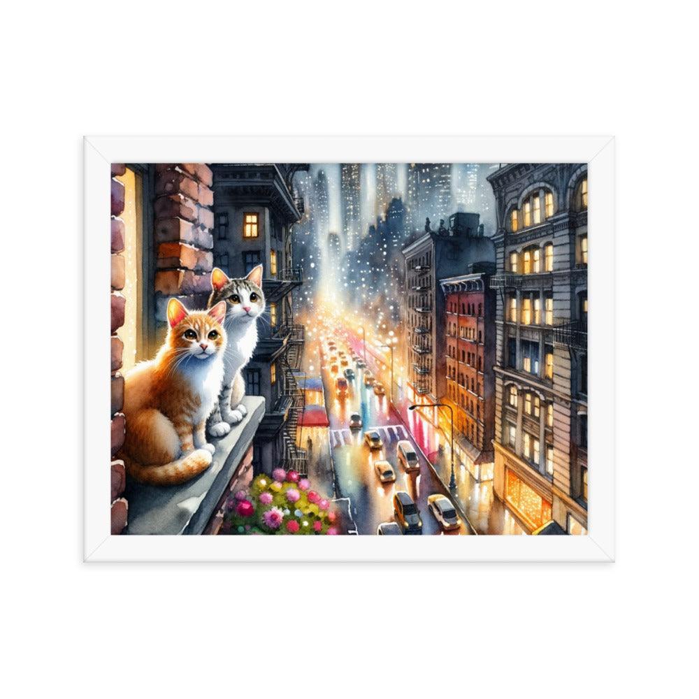 Cats on Windowsill Observing City Lights - Urban & Expressive Framed Poster - Oh Posters