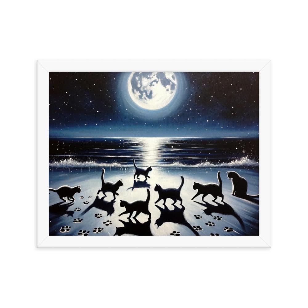 Cats Playing Tag on Moonlit Beach - Magical & Playful Framed Poster - Oh Posters