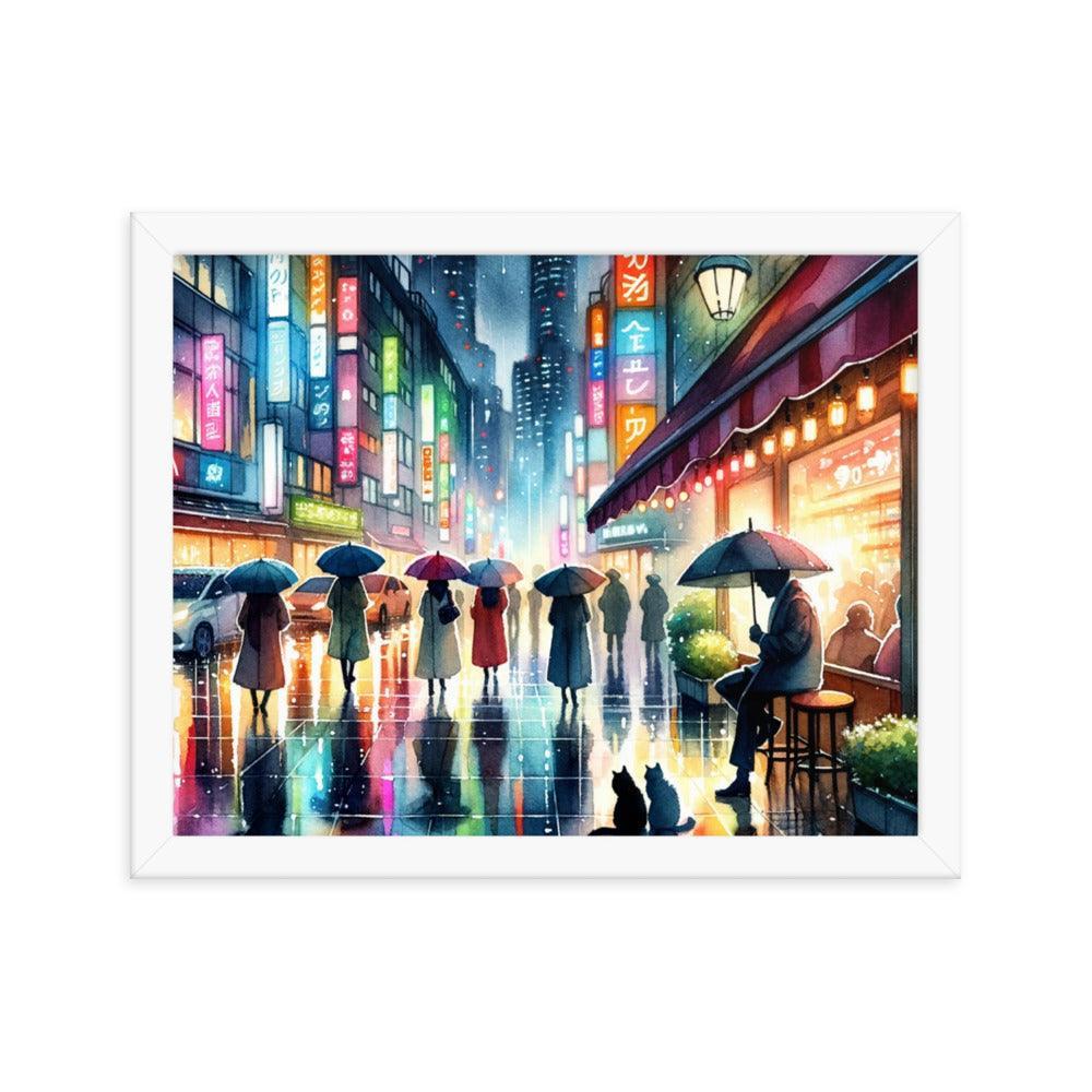 Cats Under Cafe Awning on Rainy City Evening - Atmospheric & Urban Framed Poster - Oh Posters