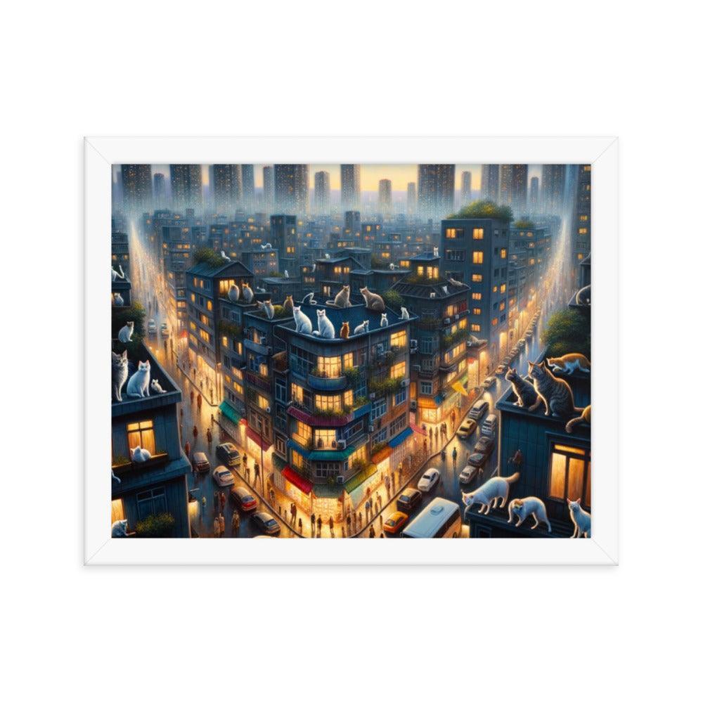 Cats' Twilight Cityscape Magical Glow Art Framed Poster - Oh Posters