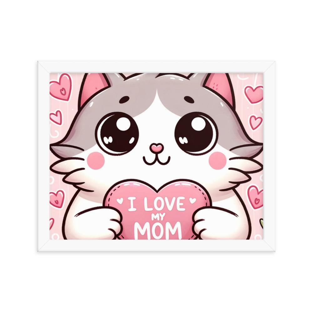 Cat Holding 'I Love My Mom' Sign on Lavender Heart Backdrop - Affectionate & Playful Framed Poster - Oh Posters