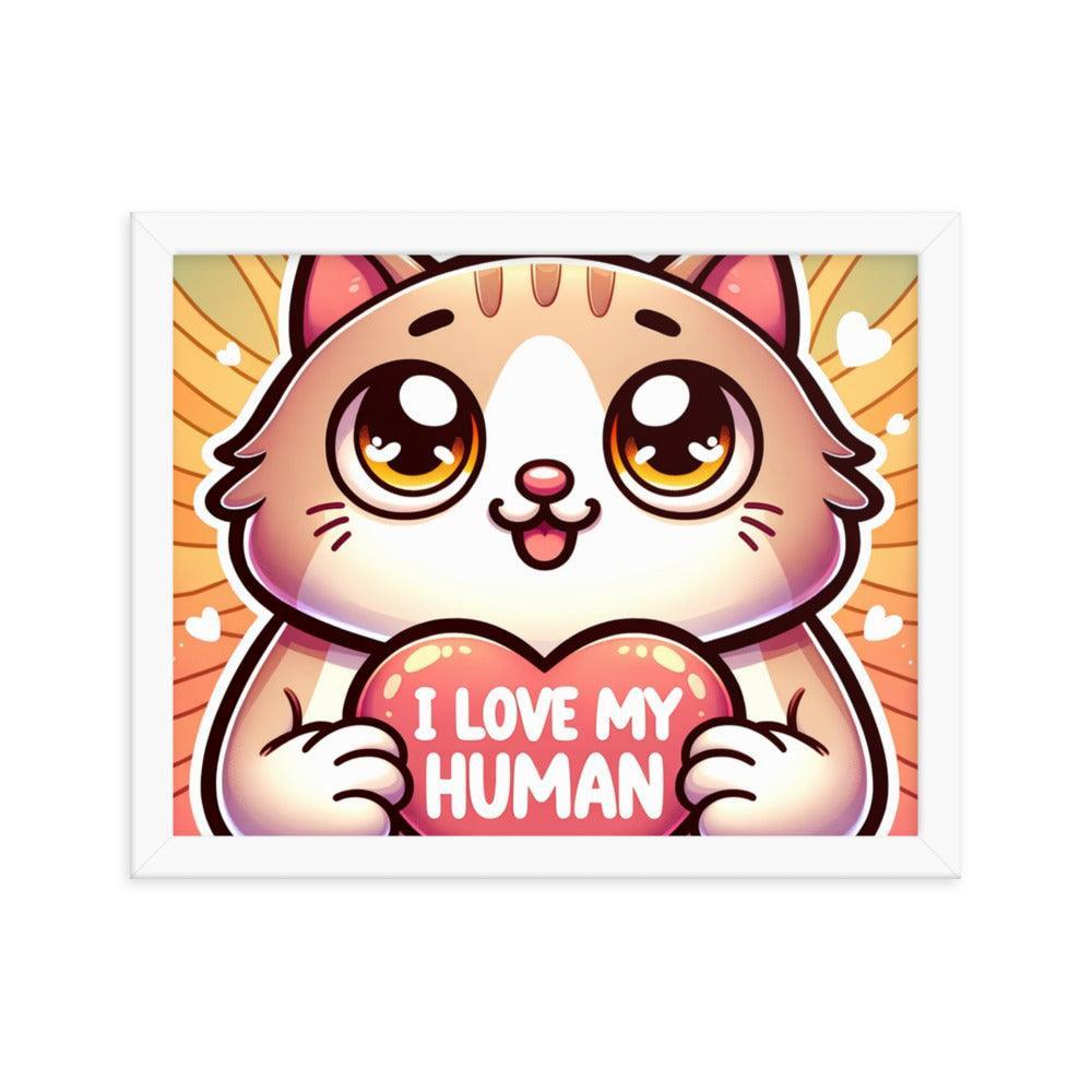 Cat with 'I Love My Human' Heart Sign on Warm Gradient - Affectionate Framed Poster - Oh Posters