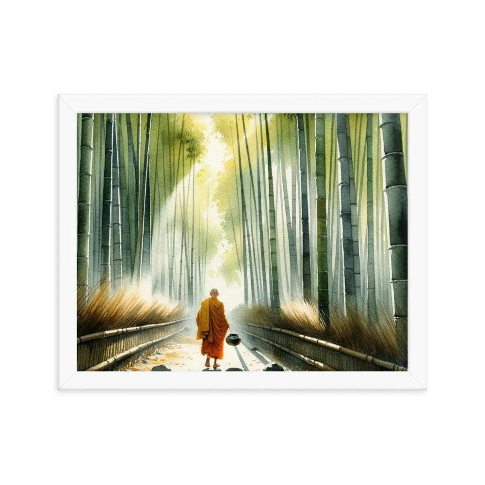 Monk in Bamboo Forest Collecting Dew - Serene Morning Reverie Framed Poster - Oh Posters