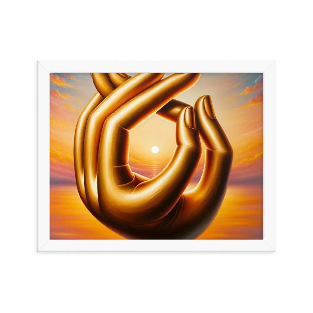 Golden Buddha Hands Meditation Sunset Oil Painting Framed Poster - Oh Posters