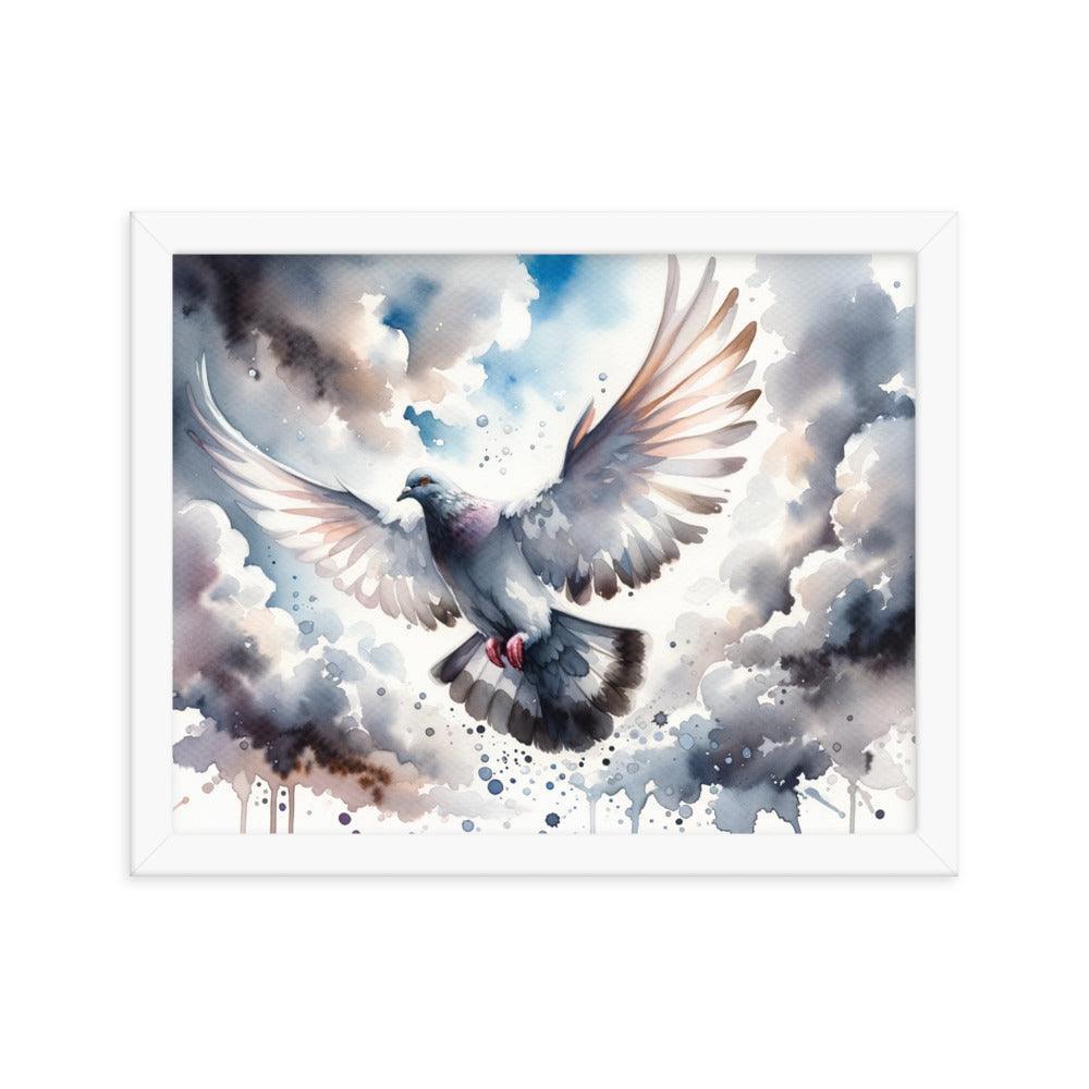 Majestic Pigeon Watercolor Sky Flight Art Framed Poster - Oh Posters