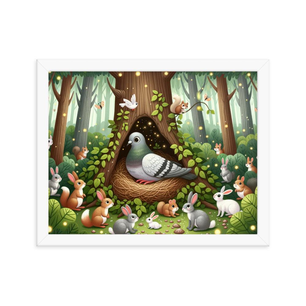 Pigeon in Forest Tree Hollow with Curious Creatures - Whimsical Woodland Framed Poster - Oh Posters