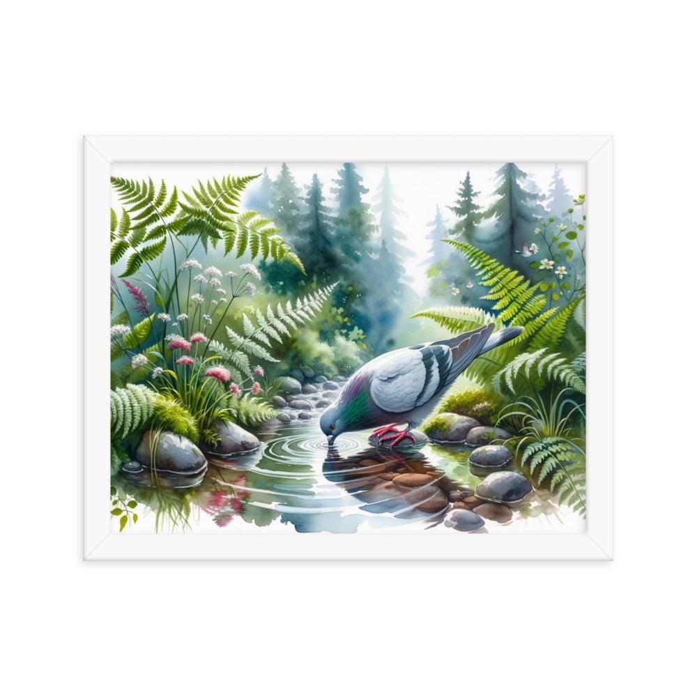 Pigeon Drinking from Forest Stream Art Framed Poster - Oh Posters