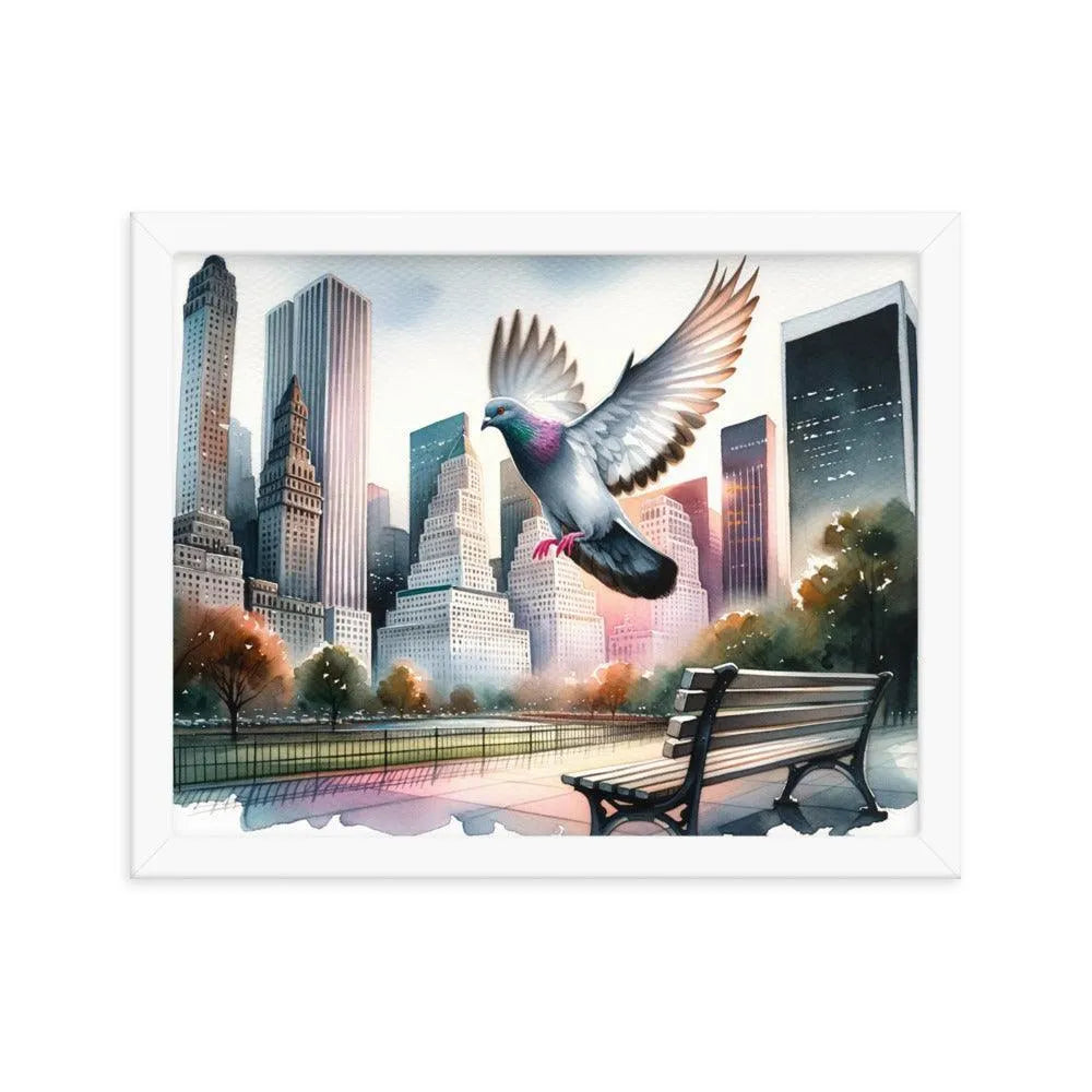 Urban Pigeon Over City Park Watercolor Illustration Framed Poster - Oh Posters