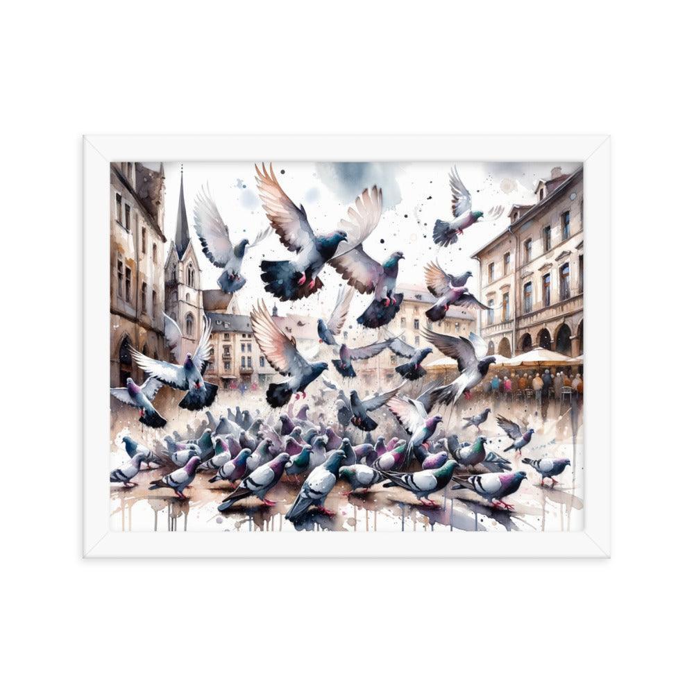 Pigeon Flock Dynamic Watercolor Cityscape Framed Poster - Oh Posters