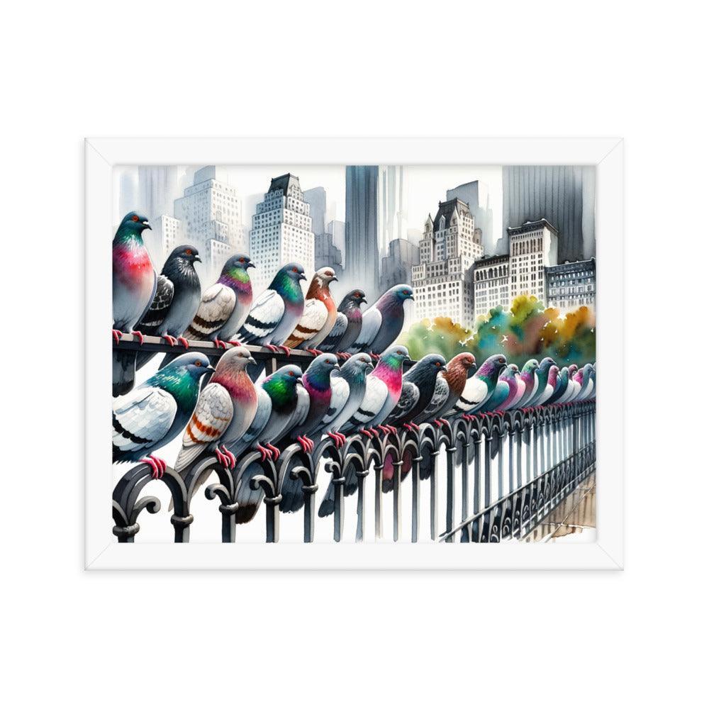 City Pigeons Flock Watercolor Skyline View Framed Poster - Oh Posters