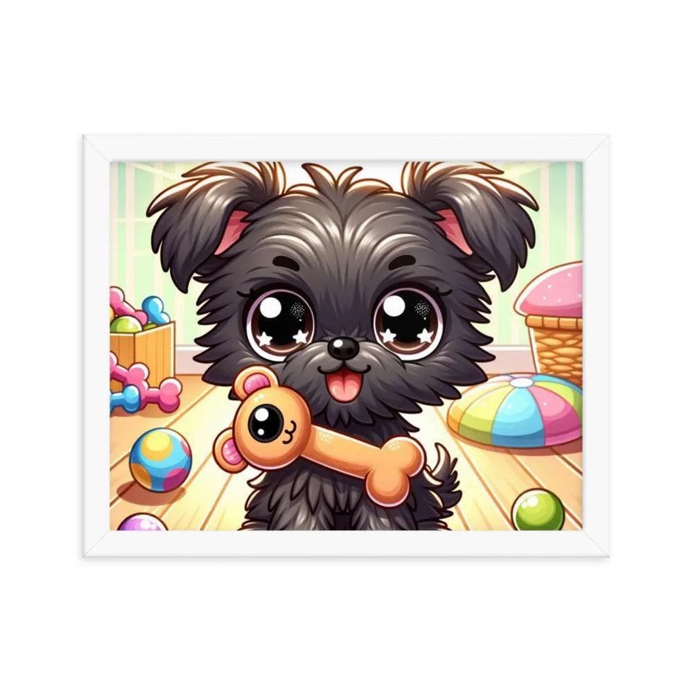 Cute Affenpinscher Puppy with Toy - Playful Charm in Cartoon Framed Poster - Oh Posters