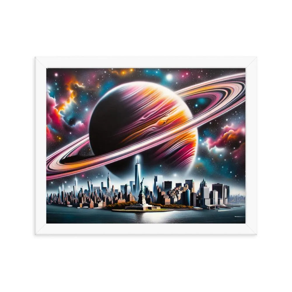 Futuristic New York City Skyline with Saturn Spray Paint Art Framed Poster - Oh Posters