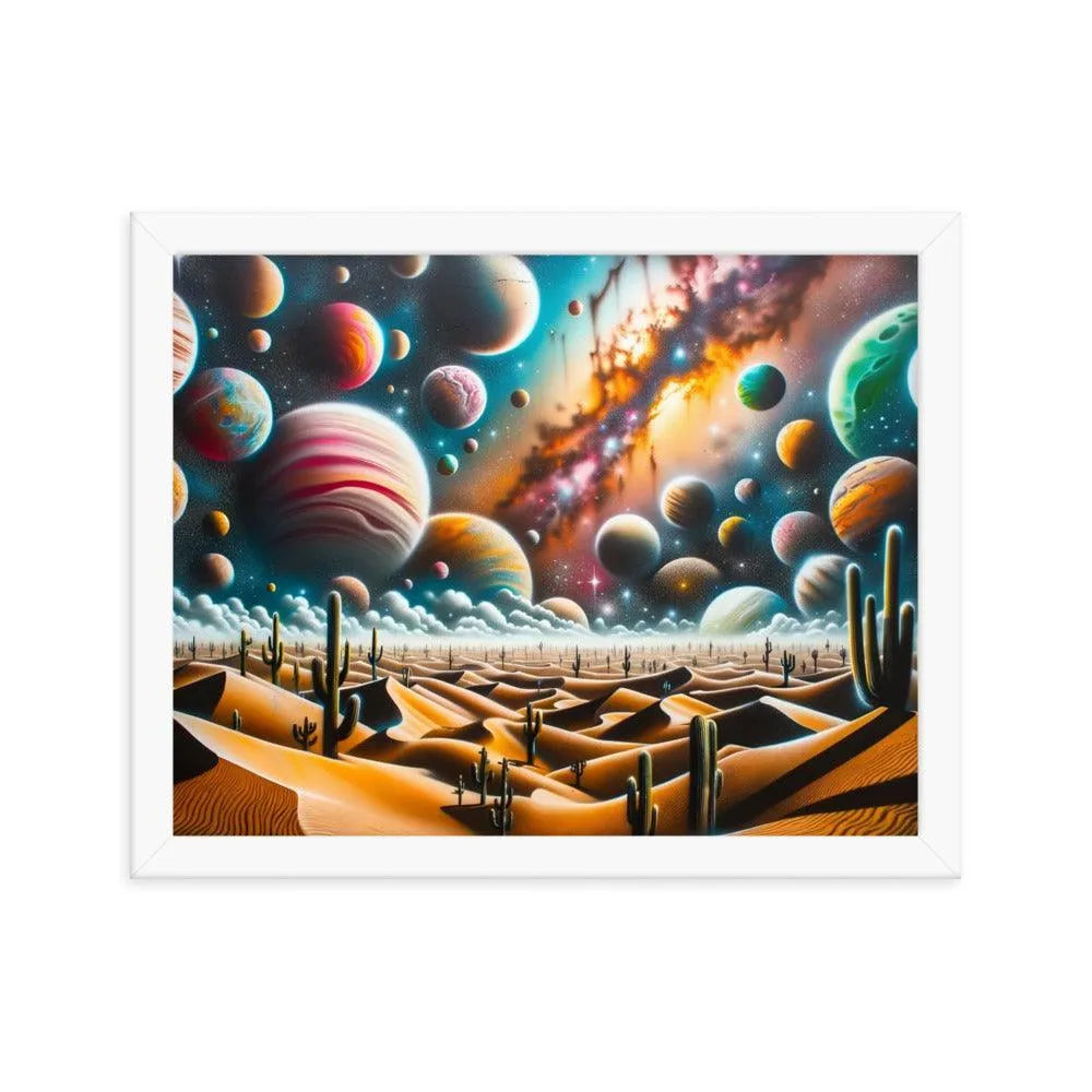 Desert Landscape with Colorful Graffiti Planets Spray Paint Art Framed Poster - Oh Posters