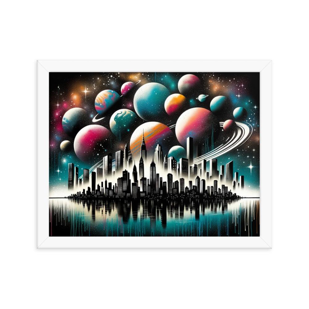 Cityscape Silhouette with Cosmic Planet Sky Spray Paint Art Framed Poster - Oh Posters