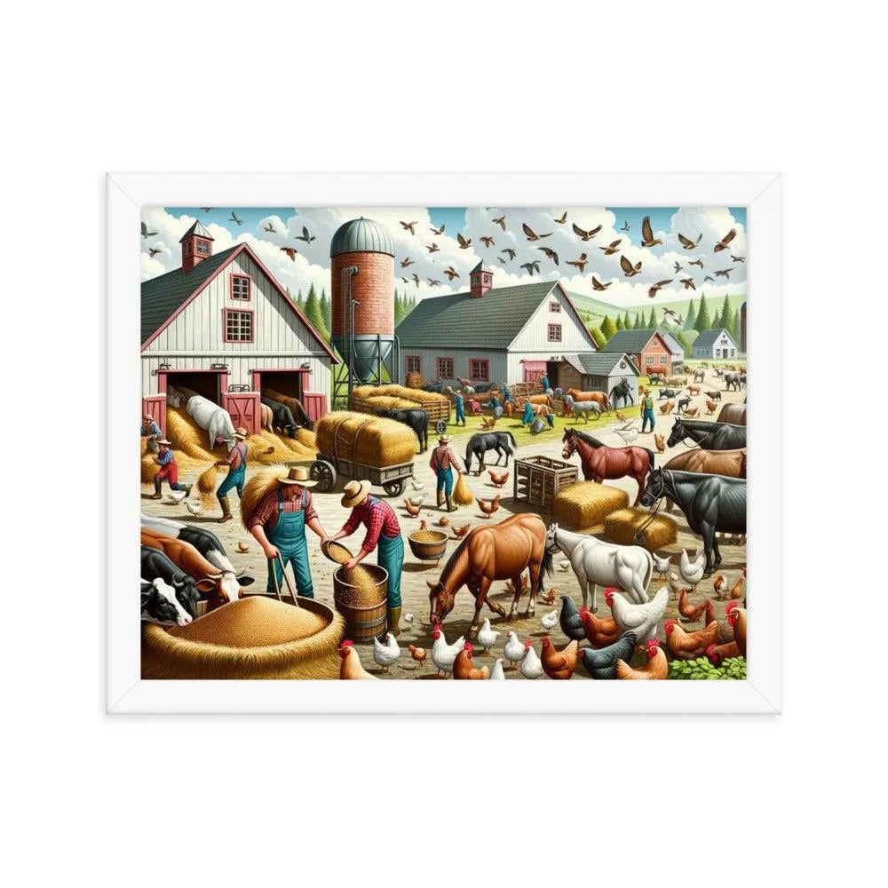 Lively Farmyard Feeding Time Illustration Framed Poster - Oh Posters