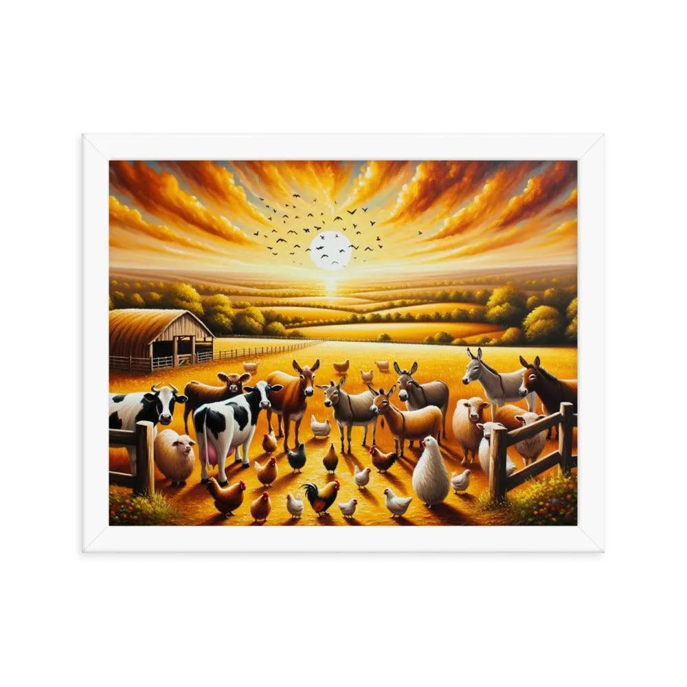 Golden Hour Farm Animals Acrylic Painting Framed Poster - Oh Posters