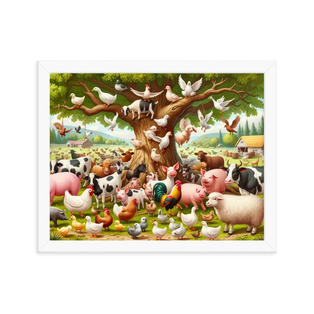 Diverse Farm Animal Gathering Illustration Framed Poster - Oh Posters