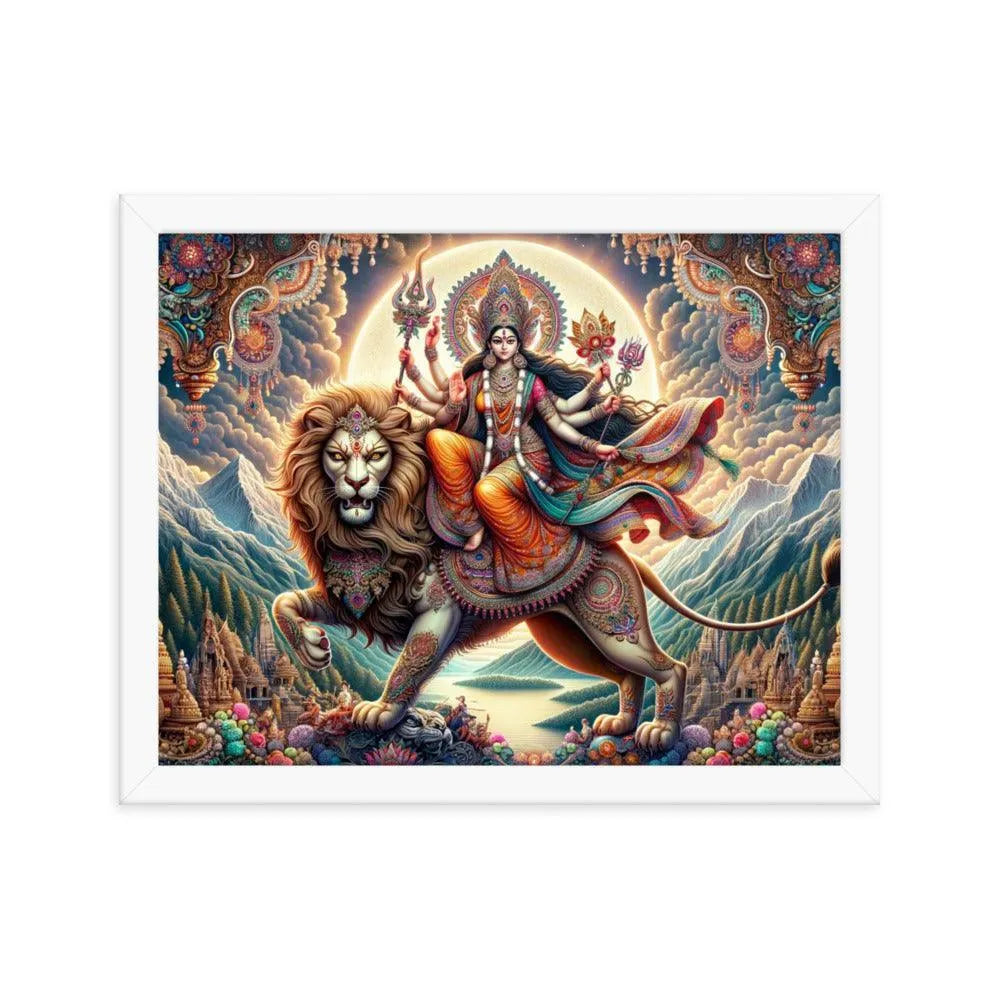 Goddess Durga on Lion Divine Hindu Art Framed Poster - Oh Posters