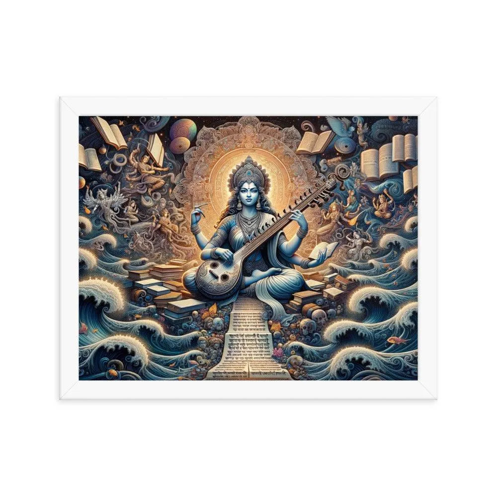 Goddess Saraswati Playing Veena amidst a Lush Landscape Hindu Artistic Framed Poster - Oh Posters